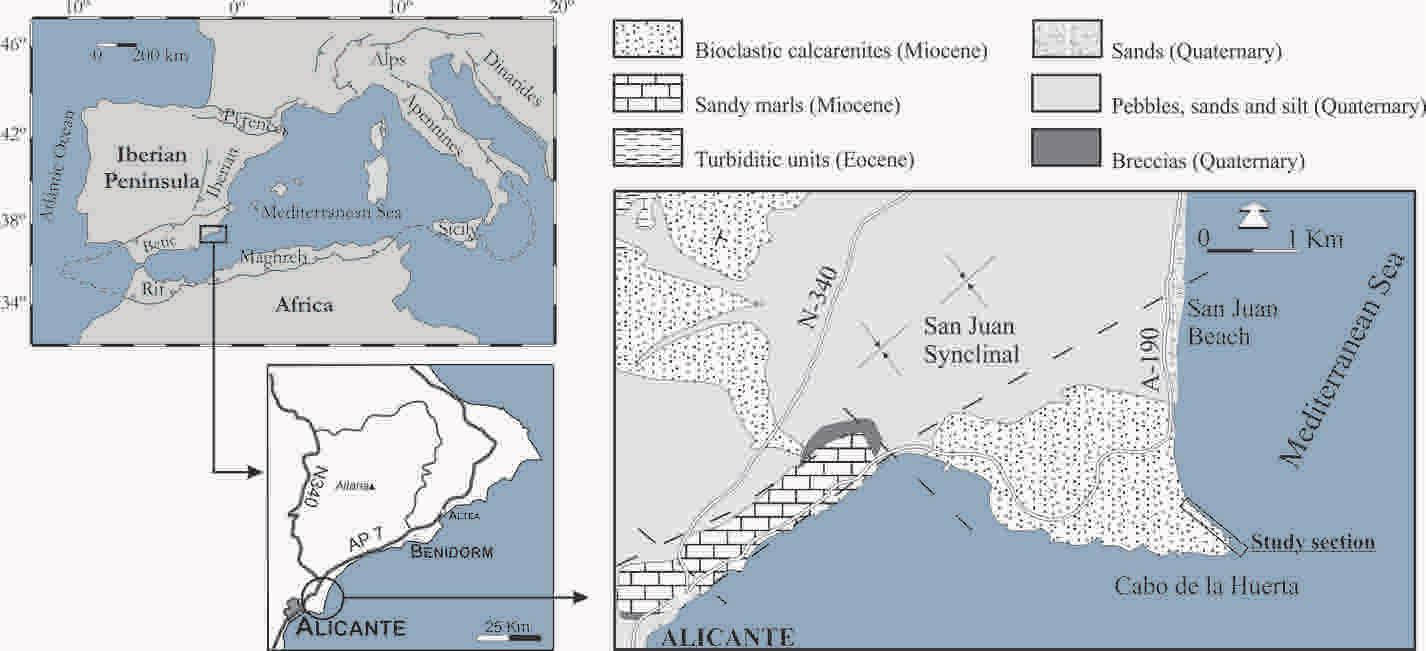 Location of the study section. Geological map modified from Pina and Cano, 2004.