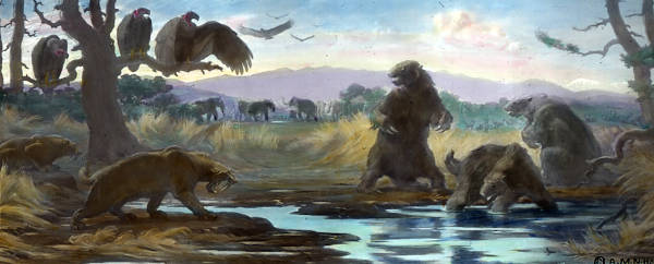 Rancho la Brea Tar Pool: palaeoart from 1921 by Charles R. Knight for AMNH mural decorations in hall of the Age of Man