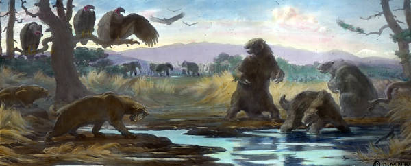 Rancho la Brea Tar Pool: palaeoart from 1921 by Charles R. Knight for AMNH mural decorations in hall of the Age of Man Rancho la Brea Tar Pool: palaeoart from 1921 by Charles R. Knight for AMNH mural decorations in hall of the Age of Man